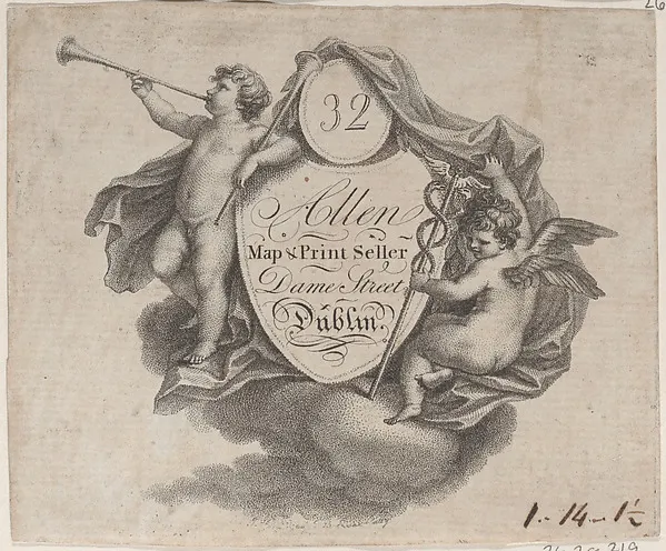 Trade card for William Allen, Map and Print Seller in Dublin — Anonymous, British, late 18th–early 19th century — praca twórcy Grzegorz Witkowski na Freshwall Marketplace