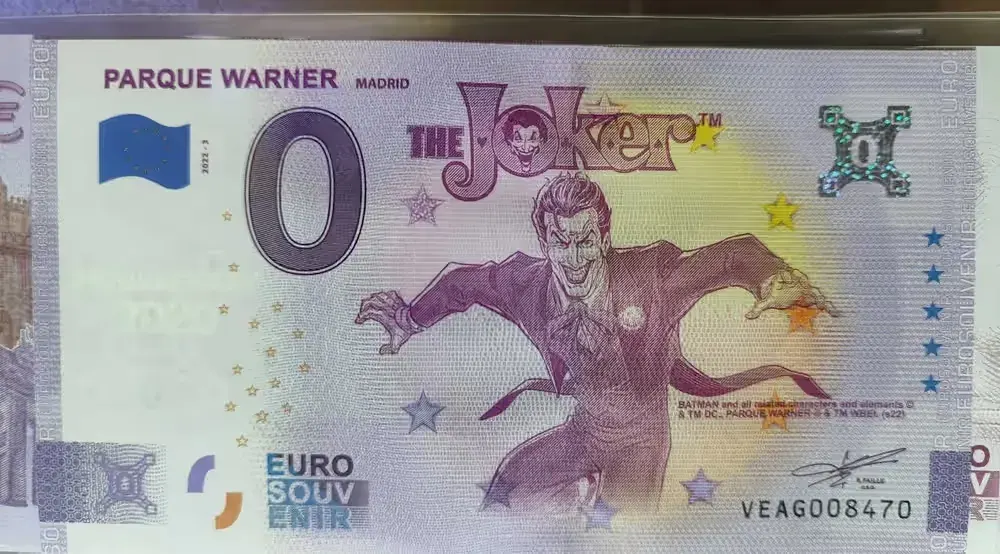 Banknot 0 Euro Parque Warner Joker Anniversary Hiszpania 2022 — praca twórcy banknotowy na Freshwall Marketplace