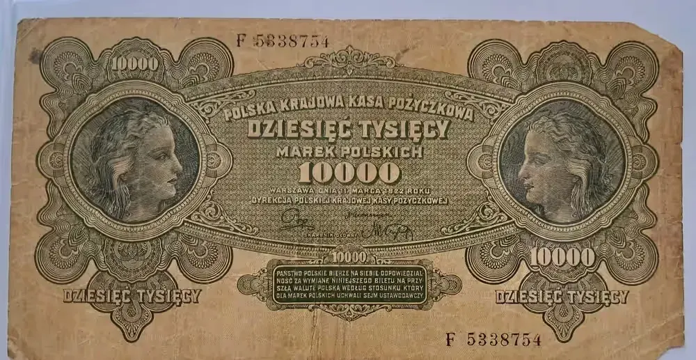 Banknot 10000 Marek polskich. 1922 r. Banknot powojenny — praca twórcy Mariusz na Freshwall Marketplace