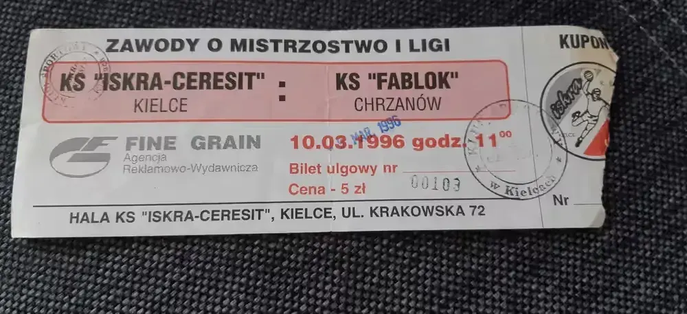 bilet z meczu Iskra Kielce -KS Fablok Chrzanów 10.03.1996 - unikat — praca twórcy artur na Freshwall Marketplace