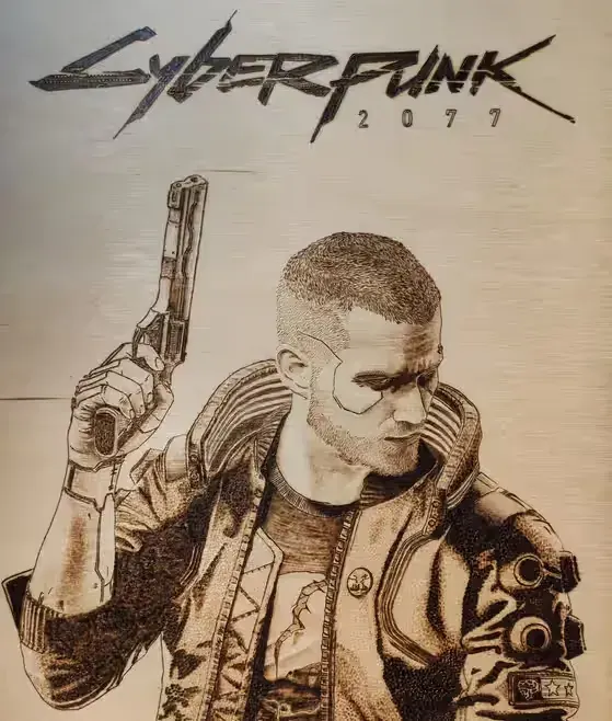 Cyberpunk 2077 grafika, Wypalone w drewnie / Pirografia — praca twórcy Julia na Freshwall Marketplace
