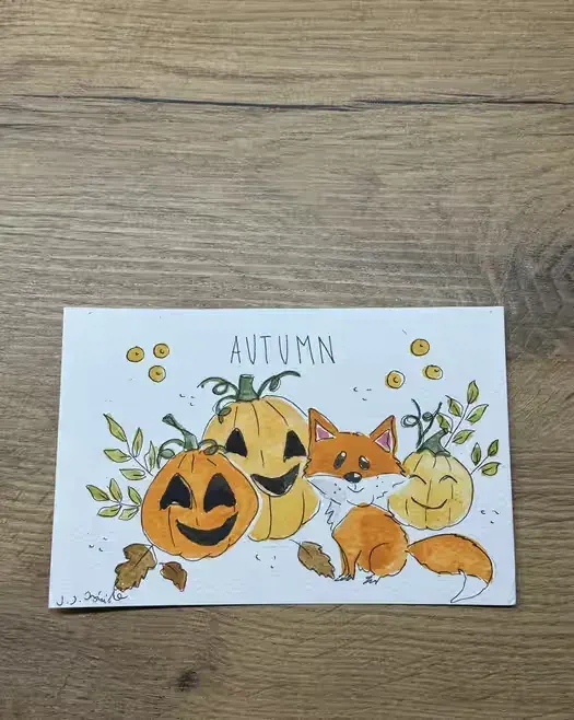 Kartka okolicznościowa lis dynia akwarela halloween jesień jesieniara — praca twórcy Julia na Freshwall Marketplace