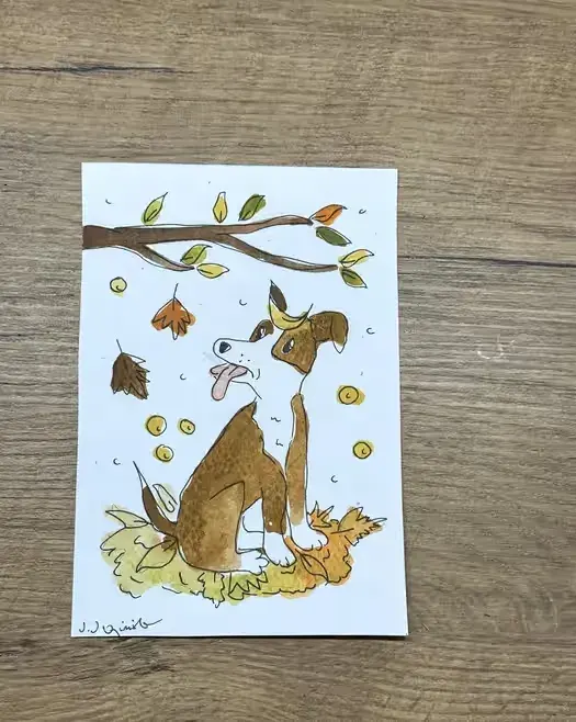 Kartka okolicznościowa pies border collie jesień jesieniara akwarela — praca twórcy Julia na Freshwall Marketplace