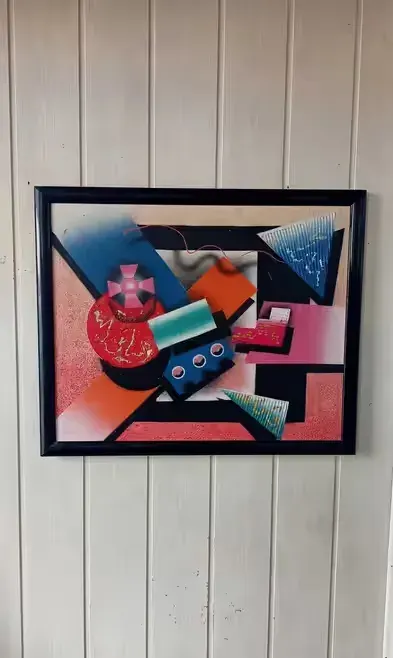 Obraz olejny abstrakcja wielobarwne figury geometryczne l. 80/90 ub.w. — praca twórcy Janusz na Freshwall Marketplace