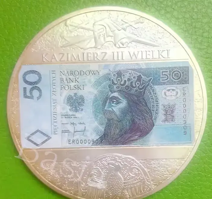 Olbrzym GIGANT 70 mm Moneta Banknot50 zł  Srebro Kazimierz Wielki III — praca twórcy Teresa na Freshwall Marketplace