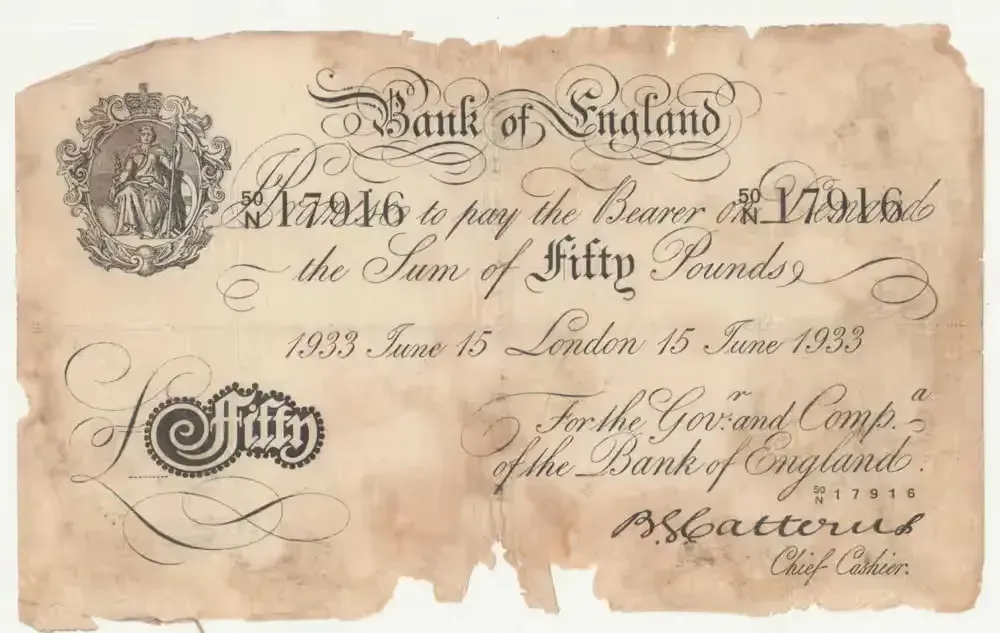 50 funtów 1933 Operacja Bernhard (1942-1945) seria i numer 50/N 17916 zgodny z potwierdzonymi zakresami fałszywych banknotów — praca twórcy Grzegorz na Freshwall Marketplace