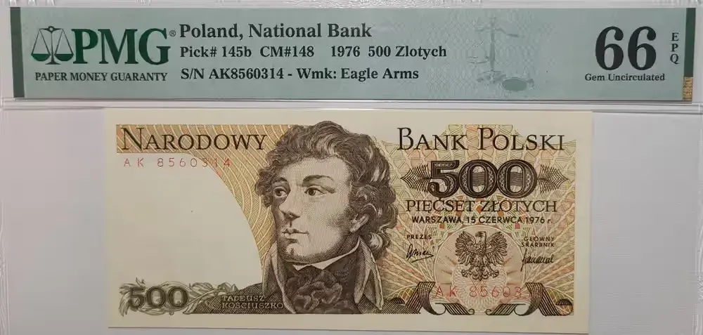 500 zł 1976 AK PMG 66 EPQ rzadkość L4 SZPARŁO Stan 1 UNC 500 złotych — praca twórcy Marcin na Freshwall Marketplace