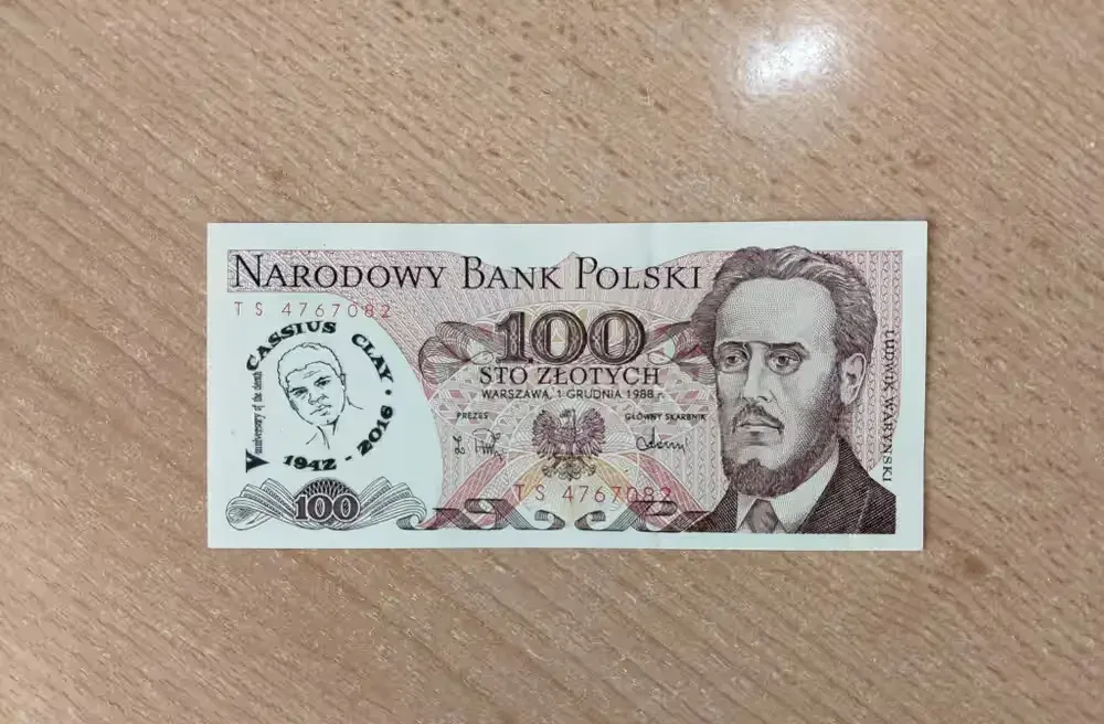 Banknot 100 zł PRL Ludwik Waryński nadruk z 2016 r. Cassius Clay — praca twórcy Radosław na Freshwall Marketplace