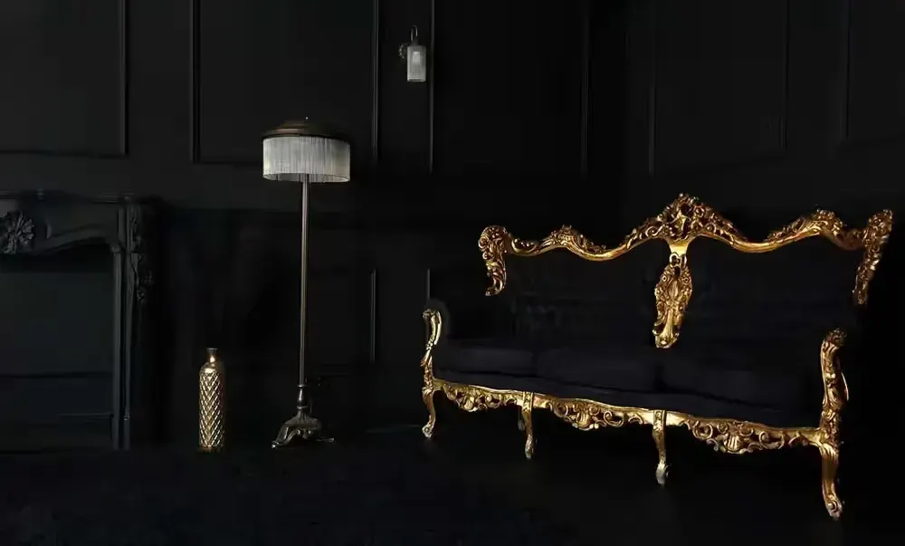 czarna sofa trzysobowa ze złotą rzeźbioną ramą w stylu rokoko barok Ludwik — praca twórcy Piotr na Freshwall Marketplace