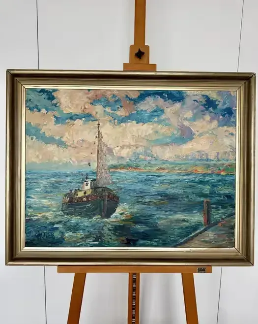 Duży Obraz Olejny 71x91 M. Pick Kuter na Morzu Impasto Gruba Faktura Marynistyka XXw Vintage Salon Gabinet Loft Unikat Wyjatkowa Kolorystyka — praca twórcy ArtCollector na Freshwall Marketplace