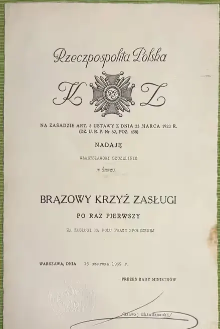 Dyplom Brązowy Krzyż Zasługi 13.06.1939 rok Sławoj Składkowski IIRP -b — praca twórcy AntykwariatCzasu na Freshwall Marketplace