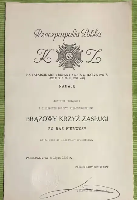 Dyplom Brązowy Krzyż Zasługi 8.07.1939 rok Sławoj Składkowski IIRP (a) — praca twórcy AntykwariatCzasu na Freshwall Marketplace