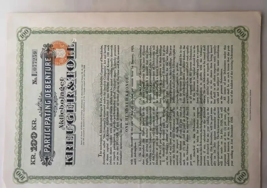 Kreuger & Toll, obligacja na 100 koron z 1928 r. — praca twórcy Jan na Freshwall Marketplace