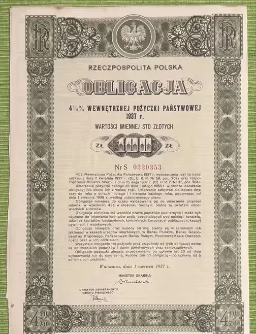 Obligacja 100 zł IIRP 1937 rok — praca twórcy AntykwariatCzasu na Freshwall Marketplace