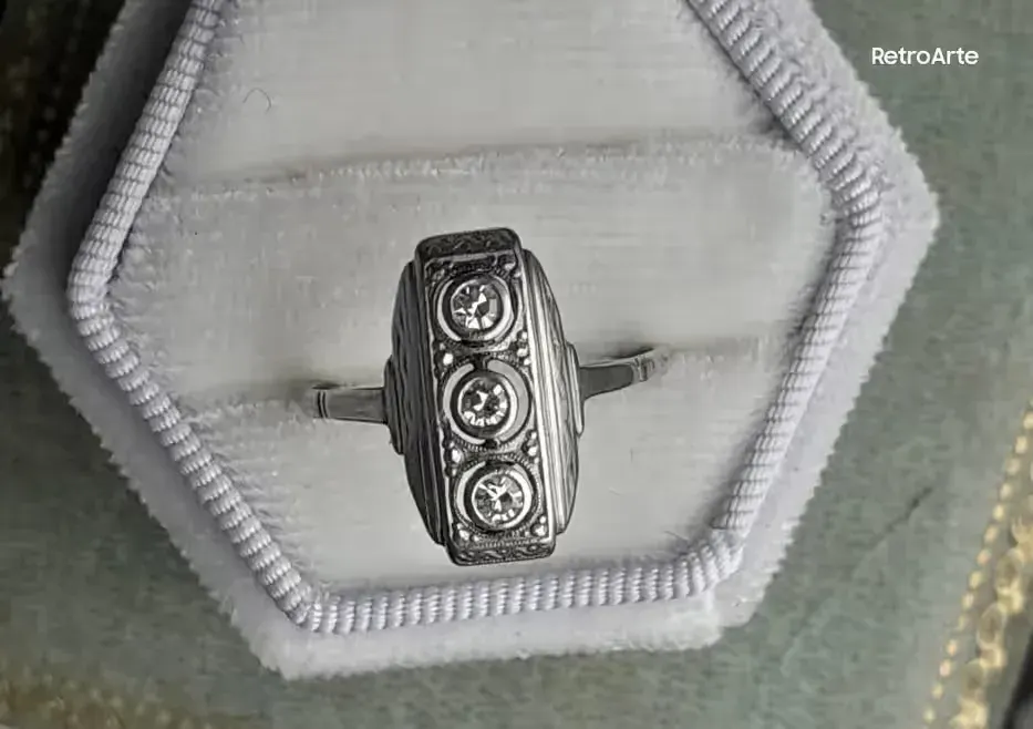 Pierścionek Art Deco Złoto 585 Platyna Diamienty 0.15ct Certyfikat — praca twórcy RetroArte na Freshwall Marketplace