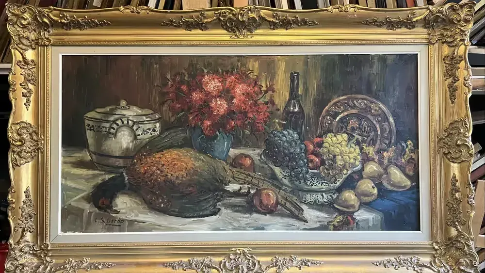 Sygnowany obraz olejny na płótnie - Martwa natura z bażantem i owocami — praca twórcy Samer na Freshwall Marketplace