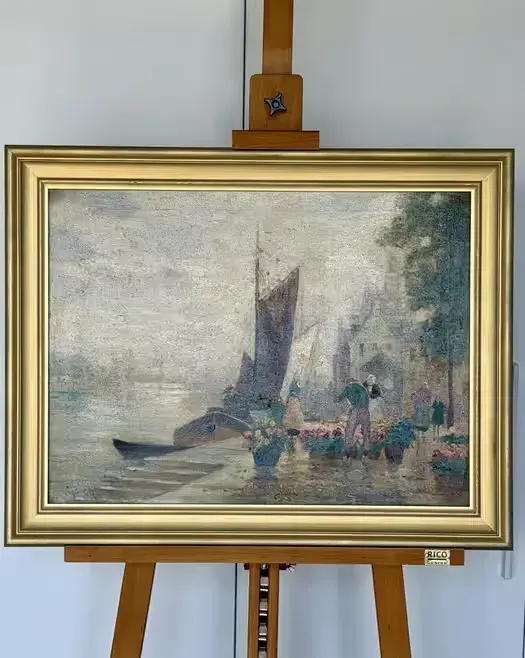 Wybitny Obraz  Hubert Beck 1863-1928 Targ Kwiatowy w Goudzie Klasa Muzealna Olej na Płótnie Stan Gabinetowy Proweniencja Galeryjna Niemcy Inwestycja — praca twórcy ArtCollector na Freshwall Marketplace