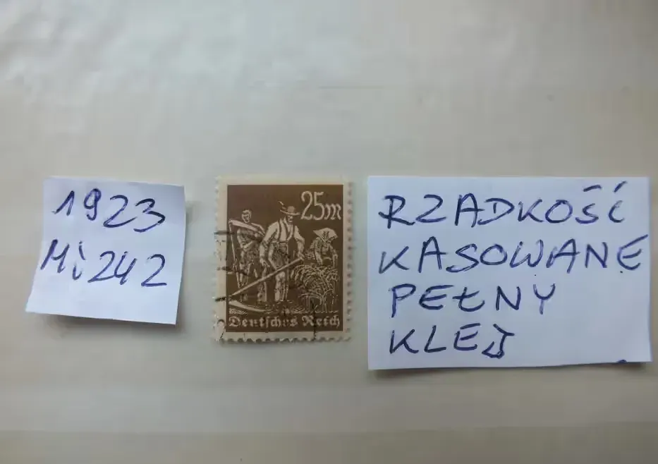 znaczki Mi242 Niemcy 1923r. ROBOTNICY Rzesza DROŻSZE kasowane RZADKOŚĆ - pełny klej Reich — praca twórcy Marek na Freshwall Marketplace