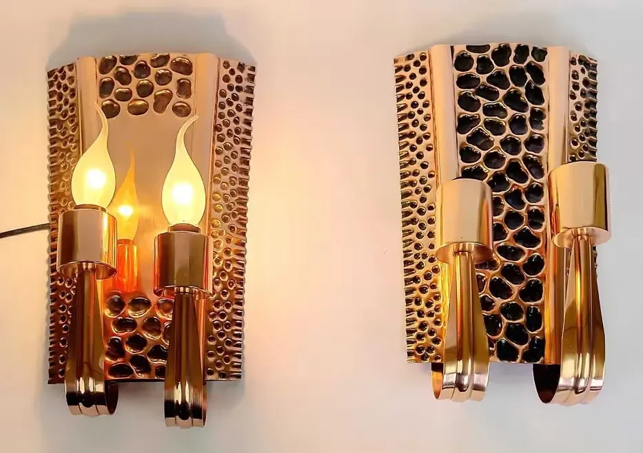 Kinkiety miedziane metaloplastyka PRL retro vintage handmade mid century — praca twórcy Holistyczny Gabinet Odnowy Mechanicznej na Freshwall Marketplace