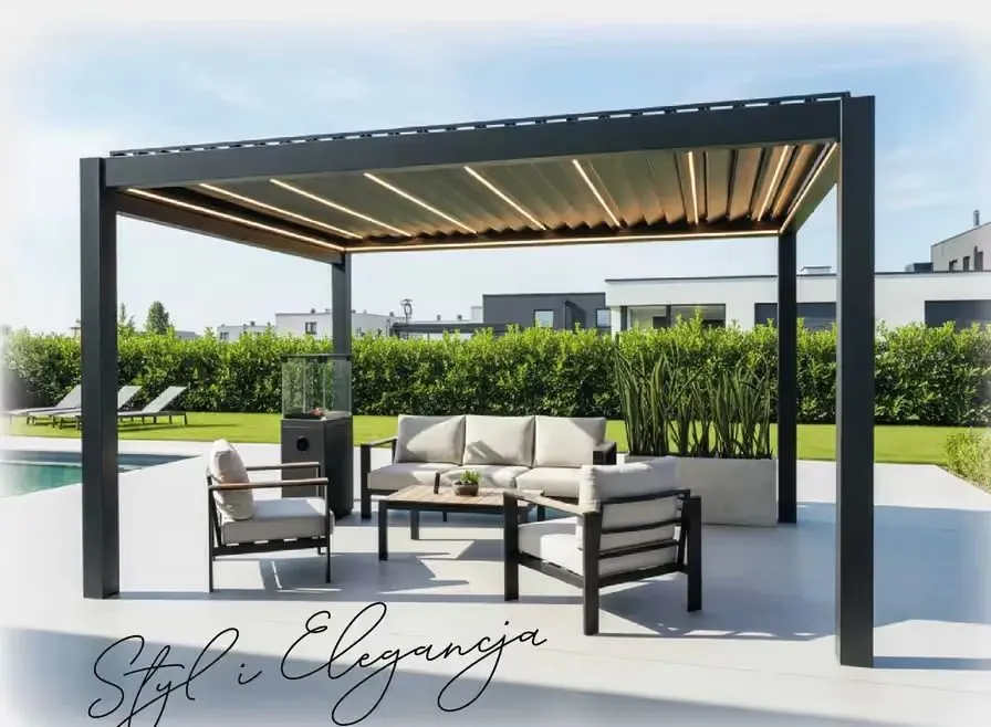 OD RĘKI Aluminiowa pergola ogrodowa tarasowa MODENA 4x3m, kolor grafit antracyt RAL7016/struktura automatyczna + oświetlenie led — praca twórcy BGM na Freshwall Marketplace