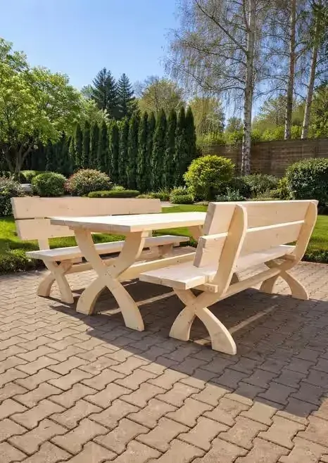 Meble ogrodowe biesiadne góralskie drewniane do ogrodu, taras, altana, ogrod meble wypoczynkowe stylowe ZESTAW stół + 2 ławka do ogrodu — praca twórcy BoscoArt na Freshwall Marketplace