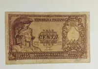 Banknot Włochy 100 lirów 1951r. - kobieta w hełmie (Personifikacja "Italia Elmata") — ujęcie 3