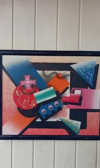 Obraz olejny abstrakcja wielobarwne figury geometryczne l. 80/90 ub.w. — ujęcie 2
