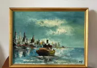 Obraz olejny – port morski, klimatyczna scena z łodzią, ręcznie malowany w ramie Sygnowany — ujęcie 3