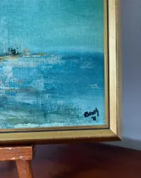 Obraz olejny – port morski, klimatyczna scena z łodzią, ręcznie malowany w ramie Sygnowany — ujęcie 4