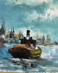 Obraz olejny – port morski, klimatyczna scena z łodzią, ręcznie malowany w ramie Sygnowany — ujęcie 5
