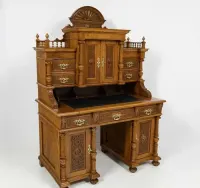 Pałacowe Biurko z Nadstawką w Stylu Neorenesansowym – Lity Dąb, Okres Gründerzeit, ok. 1880–1890 r. Antyk Po Renowacji Dostawa w Cenie — ujęcie 2