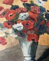 Stary Obraz Olejny Maki Zawilce 1947 r. Monogram HR — ujęcie 2