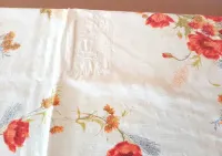stary retro vintage biały lniany obrus maki polne w kwiaty kwiatki prl — ujęcie 4