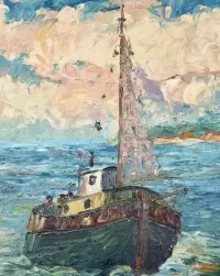 Duży Obraz Olejny 71x91 M. Pick Kuter na Morzu Impasto Gruba Faktura Marynistyka XXw Vintage Salon Gabinet Loft Unikat Wyjatkowa Kolorystyka — ujęcie 2