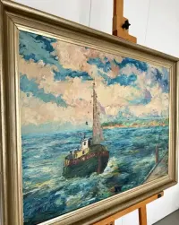 Duży Obraz Olejny 71x91 M. Pick Kuter na Morzu Impasto Gruba Faktura Marynistyka XXw Vintage Salon Gabinet Loft Unikat Wyjatkowa Kolorystyka — ujęcie 4