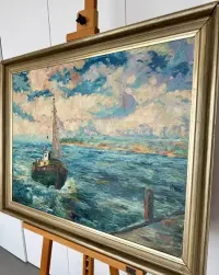 Duży Obraz Olejny 71x91 M. Pick Kuter na Morzu Impasto Gruba Faktura Marynistyka XXw Vintage Salon Gabinet Loft Unikat Wyjatkowa Kolorystyka — ujęcie 5