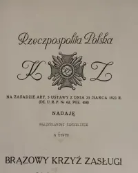 Dyplom Brązowy Krzyż Zasługi 13.06.1939 rok Sławoj Składkowski IIRP -b — ujęcie 2