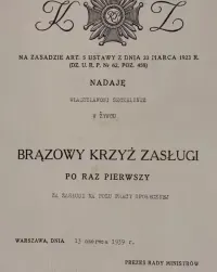 Dyplom Brązowy Krzyż Zasługi 13.06.1939 rok Sławoj Składkowski IIRP -b — ujęcie 3