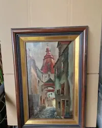 Karl Fuchshuber 1941 – pejzaż miejski weduta Weiden obraz olej na desce — ujęcie 2