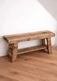 Ławka drewniana rustykalna z półką 100 cm | lite drewno z odzysku — ujęcie 4
