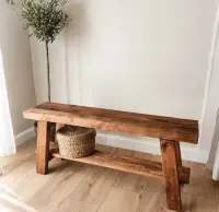 Ławka drewniana rustykalna z półką 90 cm | lite drewno z odzysku — ujęcie 3