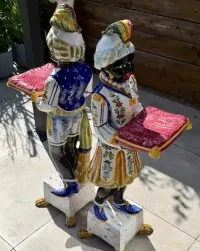Monumentalna Para Figur Rzeźb Moro di Venezia Maur Blackamoor Włoska Majolika Vintage Hollywood Regency Wybitna Malatura Unikat Jedyne w PL okazja TOP — ujęcie 4
