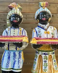 Monumentalna Para Figur Rzeźb Moro di Venezia Maur Blackamoor Włoska Majolika Vintage Hollywood Regency Wybitna Malatura Unikat Jedyne w PL okazja TOP — ujęcie 5
