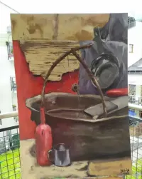 Obraz olejny ,,Martwa natura z kołem" 70x100 cm — ujęcie 2