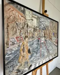 Oryginalny Obraz olejny  Davida Izquierdo – „Passeando en Passeig de Gràcia”, 1993 r. – Wybitne dzieło Barcelony z pełną dokumentacją proweniencji Top — ujęcie 4