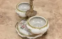 Patera Podwójna Owocnik - Porcelana + Brąz Malowana Sygnowana - Kwiaty — ujęcie 2