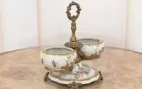 Patera Podwójna Owocnik - Porcelana + Brąz Malowana Sygnowana - Kwiaty — ujęcie 3