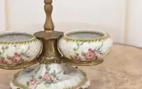 Patera Podwójna Owocnik - Porcelana + Brąz Malowana Sygnowana - Kwiaty — ujęcie 4