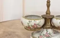 Patera Podwójna Owocnik - Porcelana + Brąz Malowana Sygnowana - Kwiaty — ujęcie 5