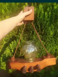 Rustykalna Lampa drewno, szkło wisząca PRL — ujęcie 2